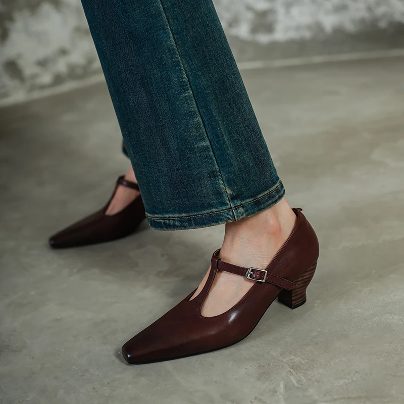 

2026 Fashion Women High Heels Shoes Woman Pumps T-Strap Spring Cow Genuine Leather Casual Shoes Comfort Square Toe Ladies 34-40