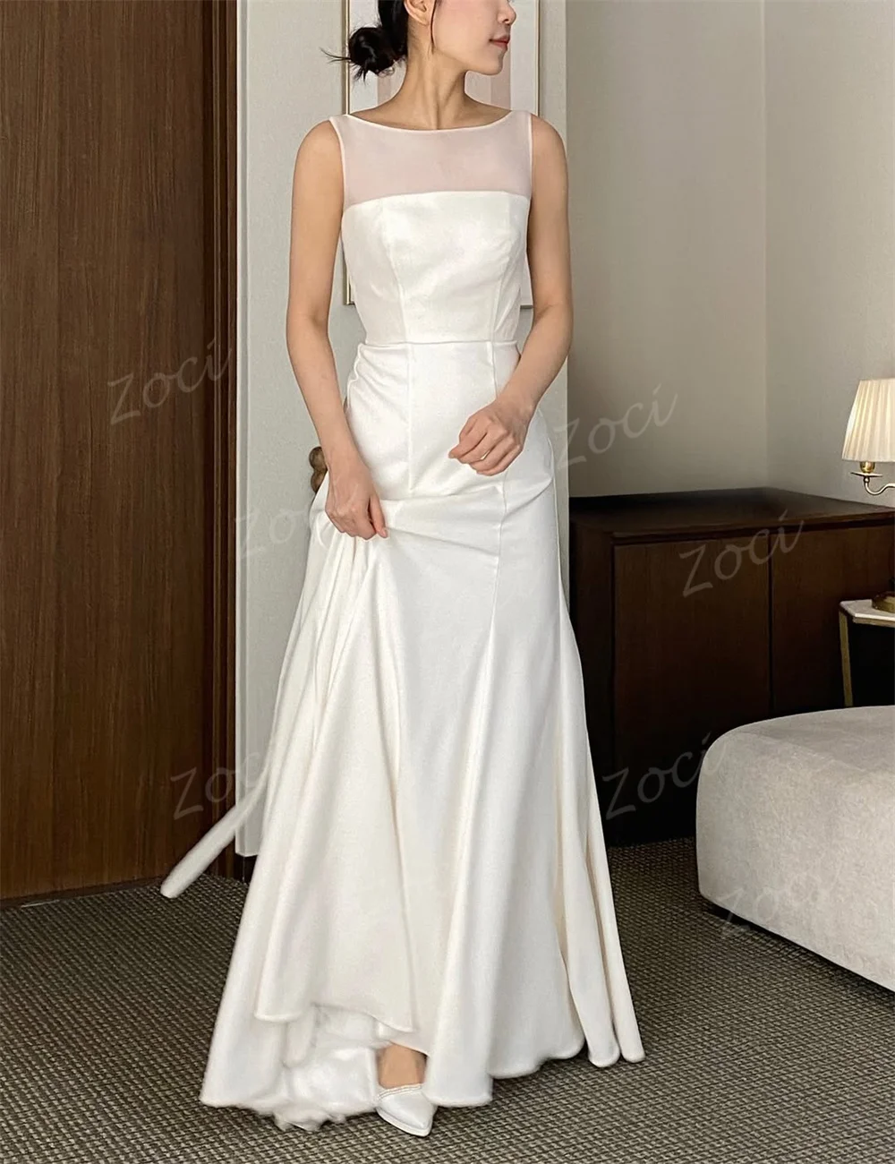 Zoci Illusion Scoop Korea Wedding Dresses Satin A Line Sheath Sleeveless Bride Dress Photos Shoot Customized Women Wedding Gown