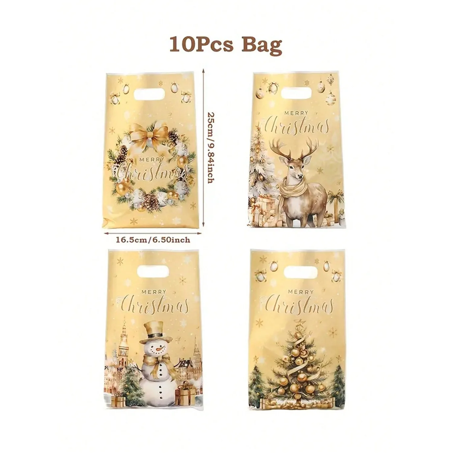 Elegante sacchetto regalo di Natale in oro! Disegni natalizi da 10 x 6,5 pollici sfusi (confezione da 10/25), perfetti per regali di Natale e feste.