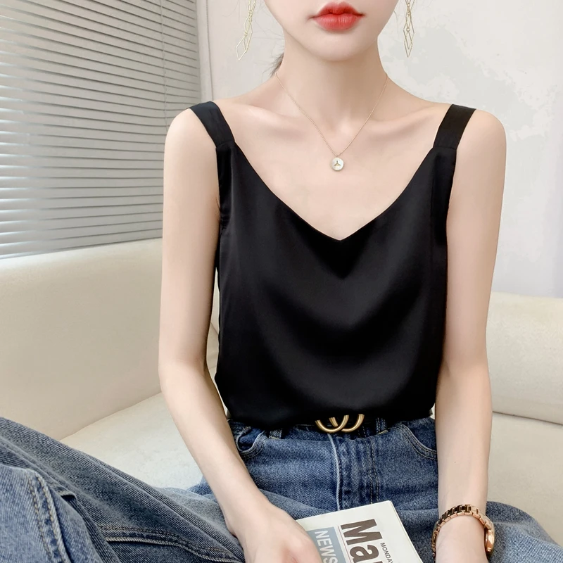 Silk Camisole Ladies Summer Suit Inside V-Neck Satin Bottoming Vest 2022 Thin Loose Sleeveless Sling Silk Tops Small Shirt Trend