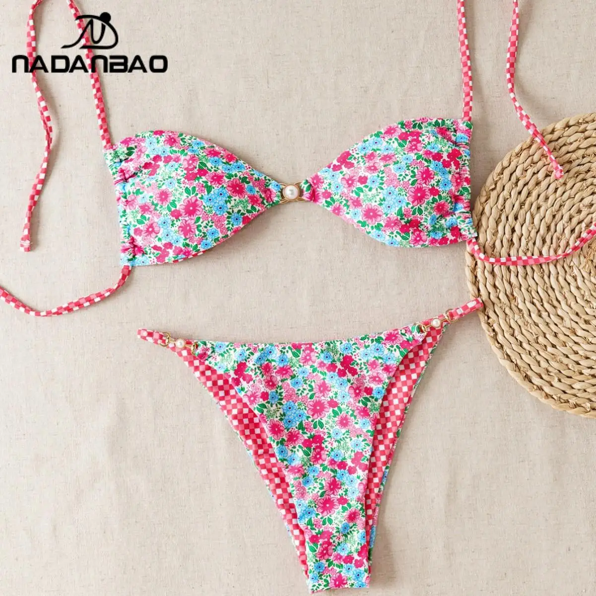 Nadanbao Floral Leopard Print Split Swimsuit for Women High Elastic Lace-Up Backless Bikini Pearl Three-Point Sexy Lady Swimwear