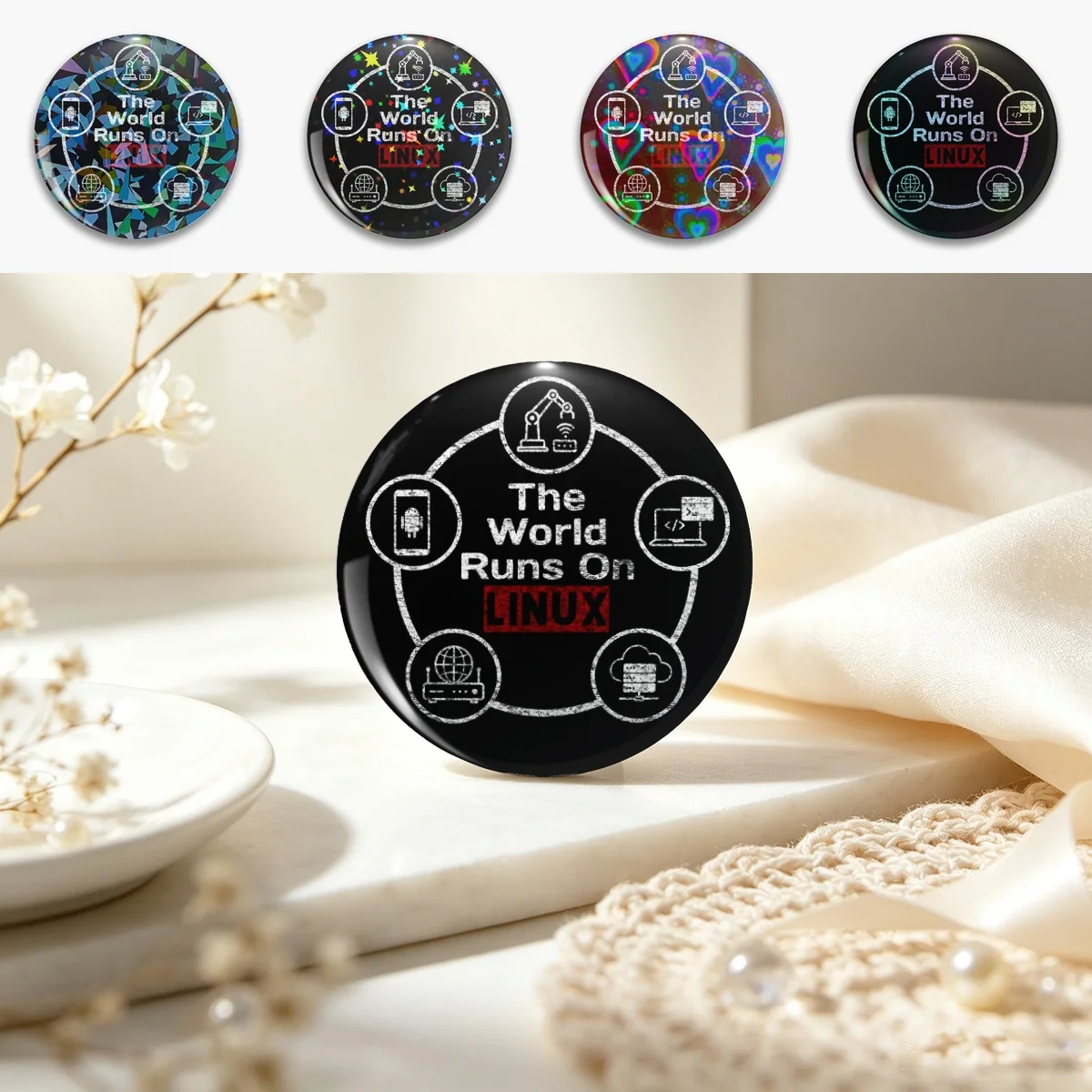 The World Runs On Linux - Linux User Pin Holographic Star Heart Pin Brooches Laminated Button Fashion Accessory