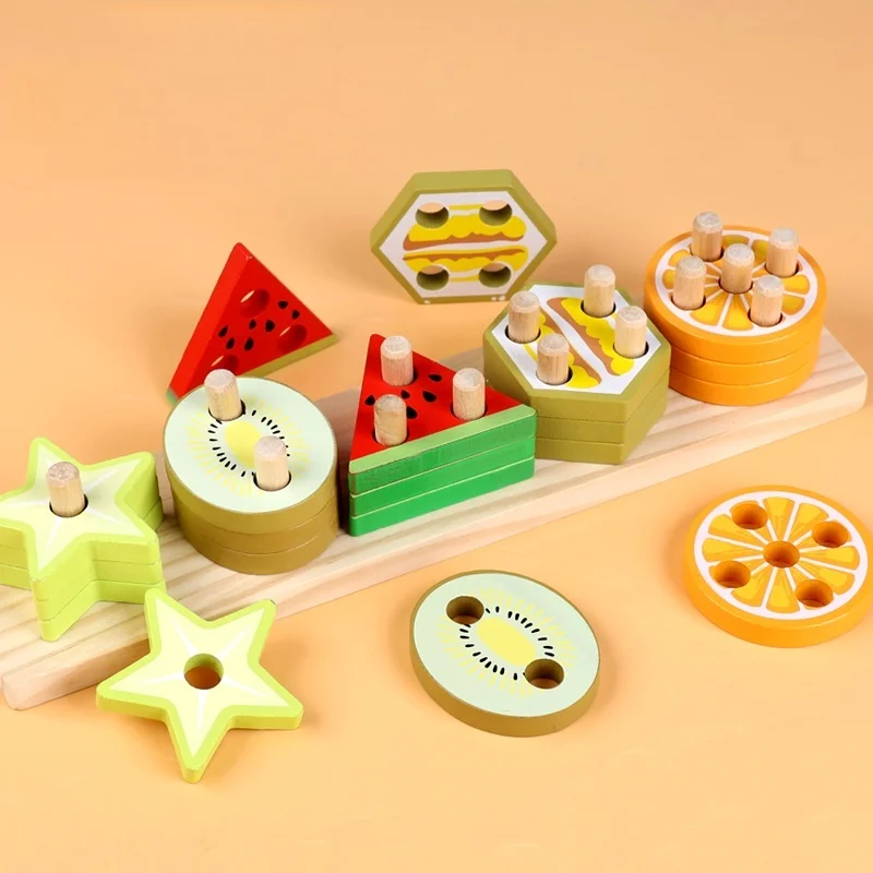 Children's Wooden Category Stack Toy Education Color Shape Classification Puzzle Toys Montessori Fruit Food Game