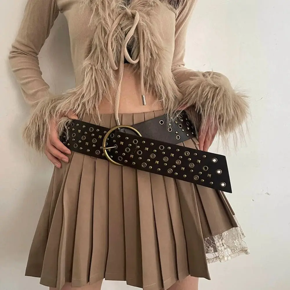 Casual rebite cowgirl cinto harajuku fivela redonda cintura larga ajustável y2k cinto de couro do plutônio vestido