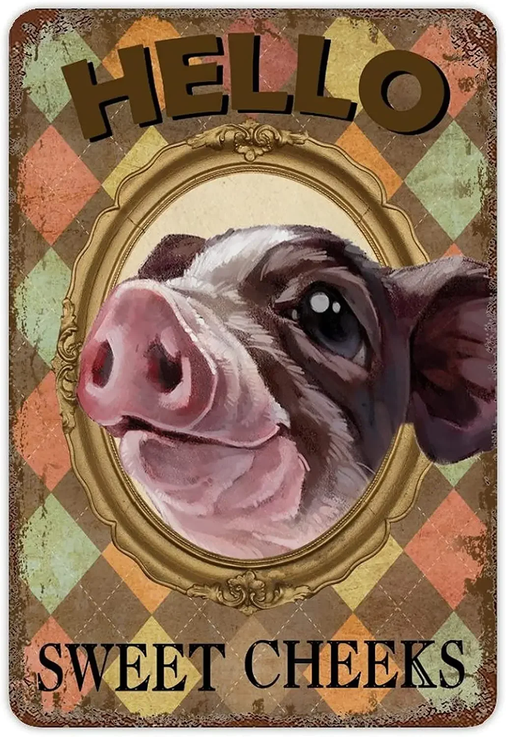 Diamond Retro Tin Sign Pig Face Hello Sweet Cheeks Tin Plaque Country Bathroom Sign Decor Plaque Sign Signag Tin Decor