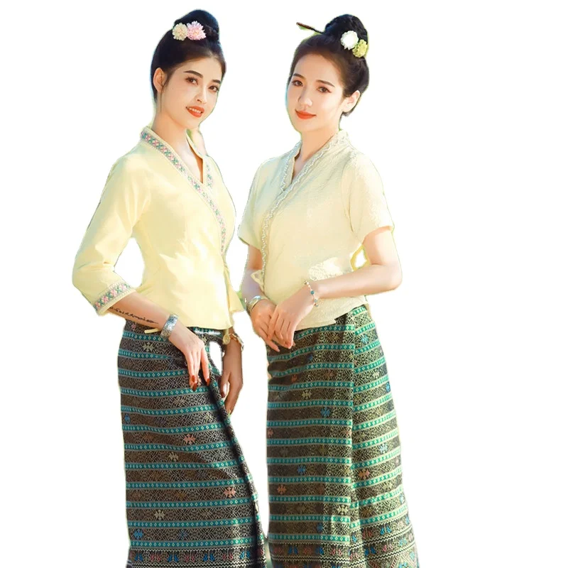 Light Yellow Thai Dai Clothing For Water Splashing Festival Yunnan Xishuangbanna Traditional Summer Dai Costume Blouse + Skirt