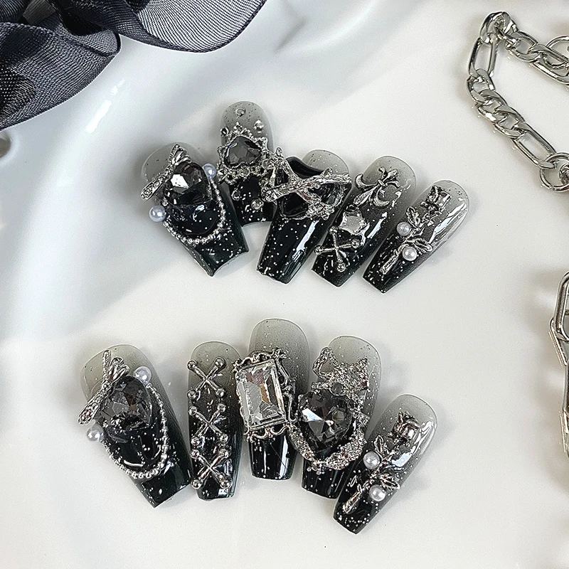 10 Stück handgefertigte, sargförmige Nägel, schöne Kunstnägel, dunkle Gothic-Nagelkunst, coole Metalldekoration, geeignet für Frauen – Detail 5