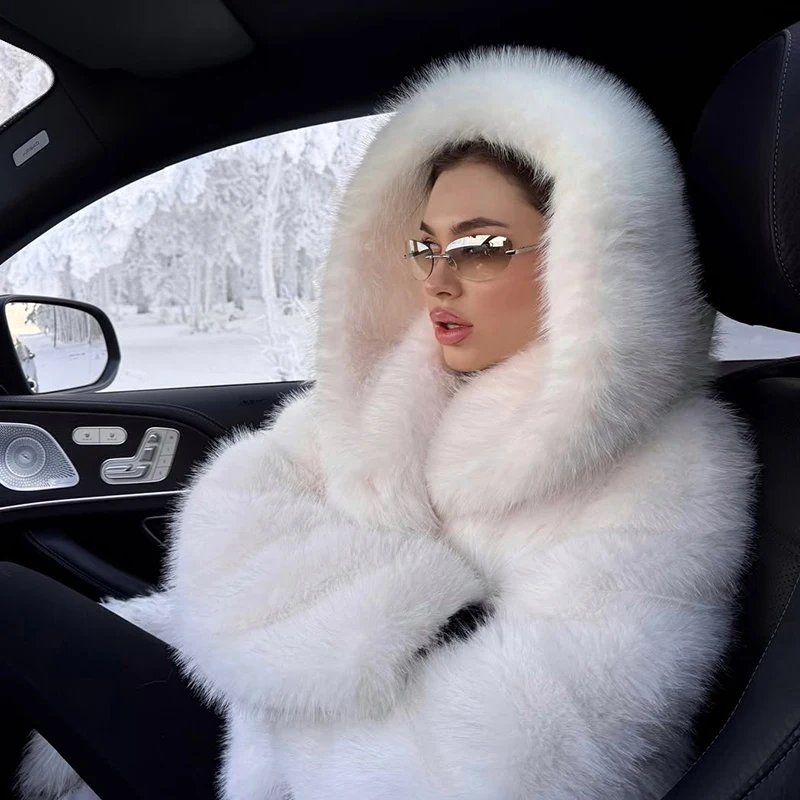 Winter 2026 Pure White Mountain Fashion Hooded Cropped Faux Fur Coat Women Fluffy Eco Fox Fur Jacket Girls Hot Overcoat
