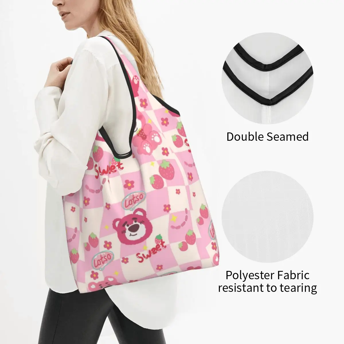 Bolso de compras personalizado Lotso Huggin Bear para mujer, bolsa de mano portátil, bolsas de compras de comestibles