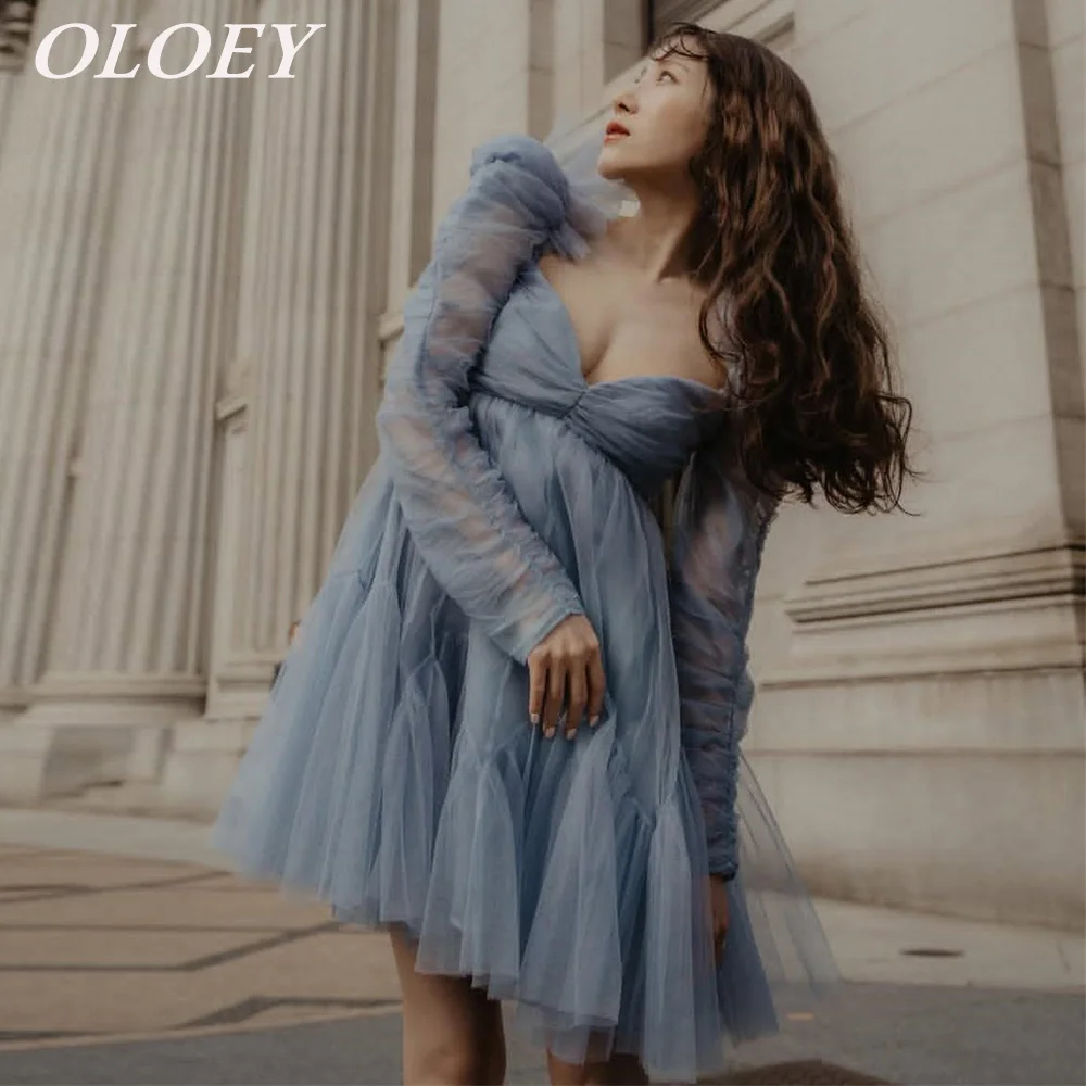 

OLOEY Modern Dark Blue Short Prom Cocktail Dresses Pleat Tulle Full Sleeves Customized Mini Party Gown Lace-up Back