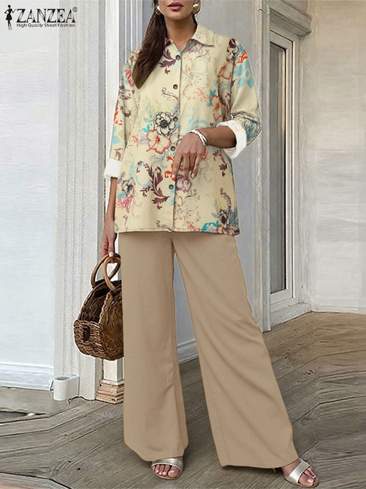 ZANZEA 2025 النساء الدعاوى خمر أنيقة مكتب سيدة مجموعات الرجعية طويلة الأكمام قمصان مطبوعة بنطلون سراويل تقليدية مطابقة مجموعات