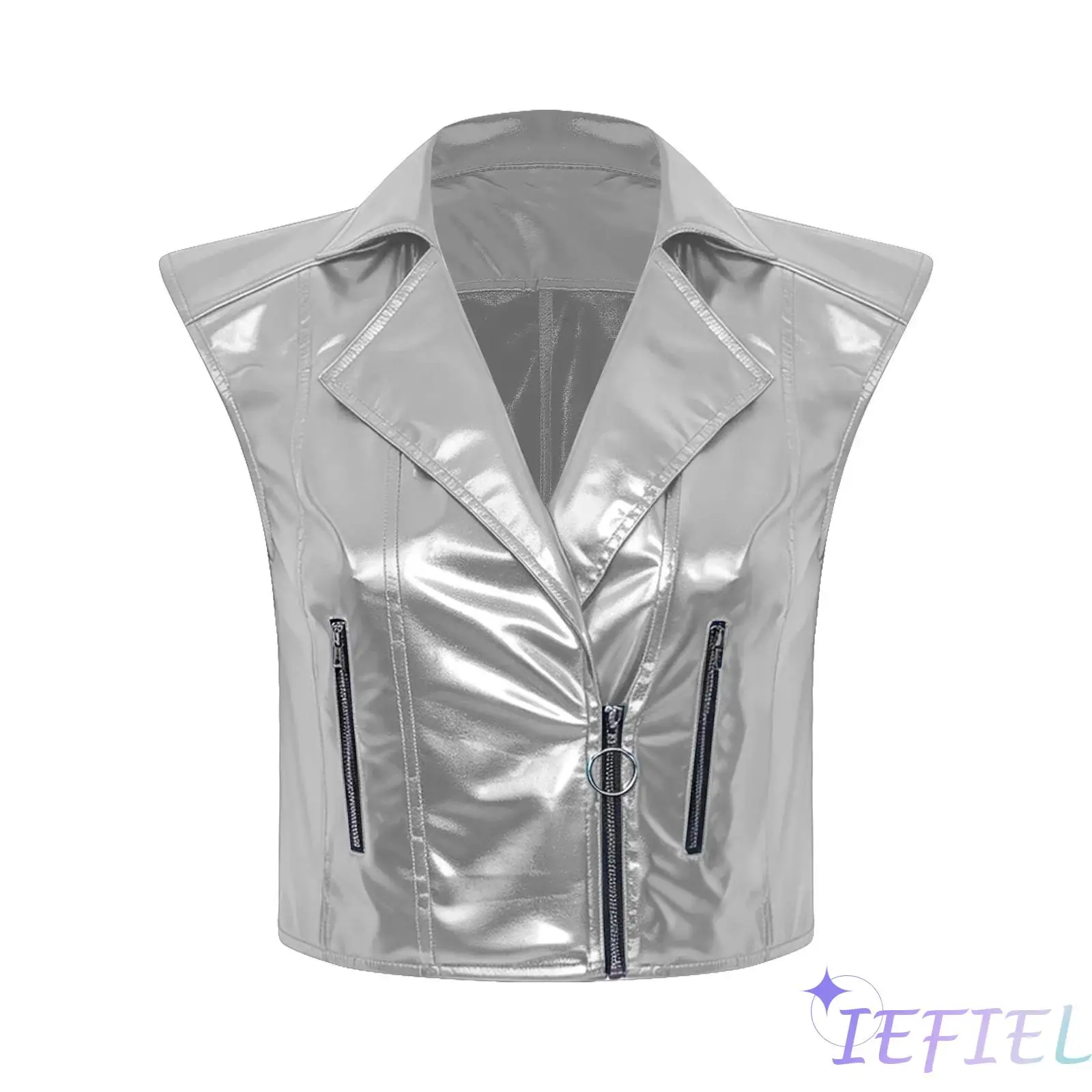 Womens Club Motorcycle Vest top Metallic Shiny Notched Lapel V Neck Front Zipper Sleeveless Punk Jazz Tank Top Waistcoat