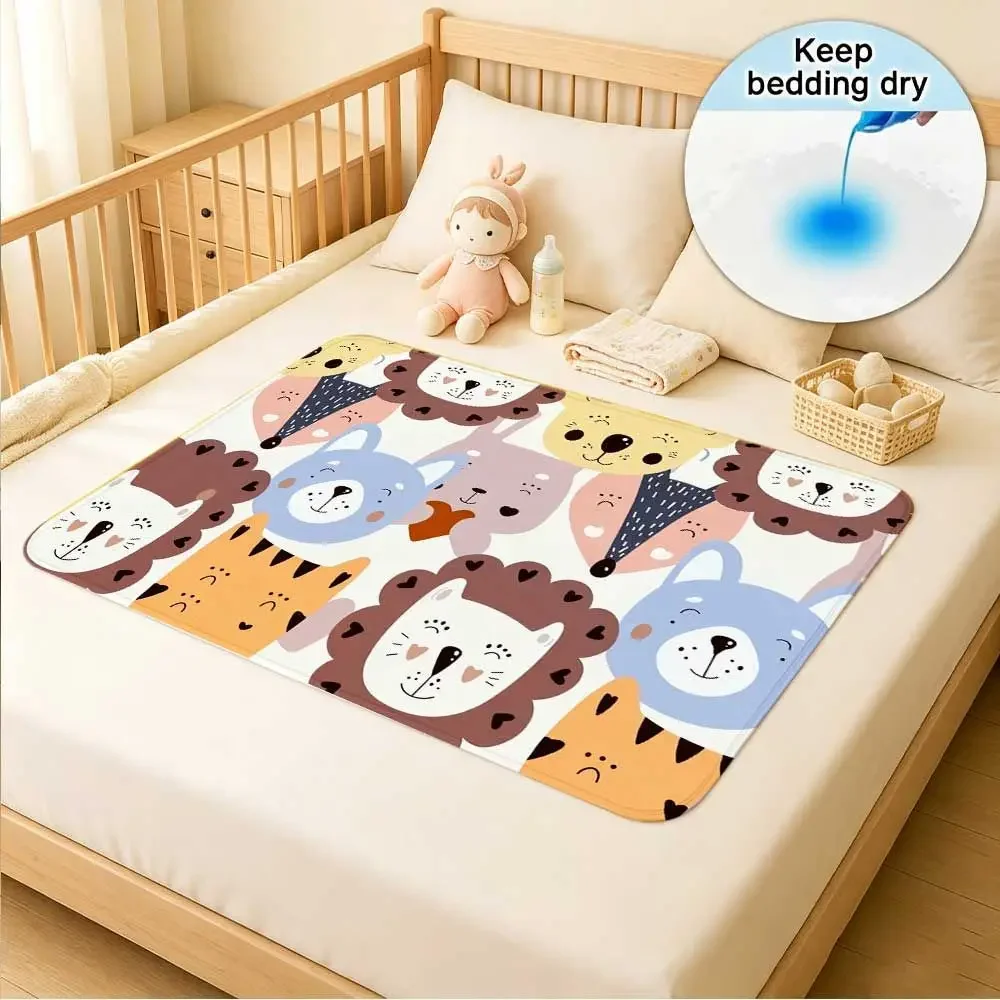 Washable & Reusable Care Urine Pad, Cute Animal Faces In Soft Pastel Colors, Incontinence Bed Pad for Adults & Elderly