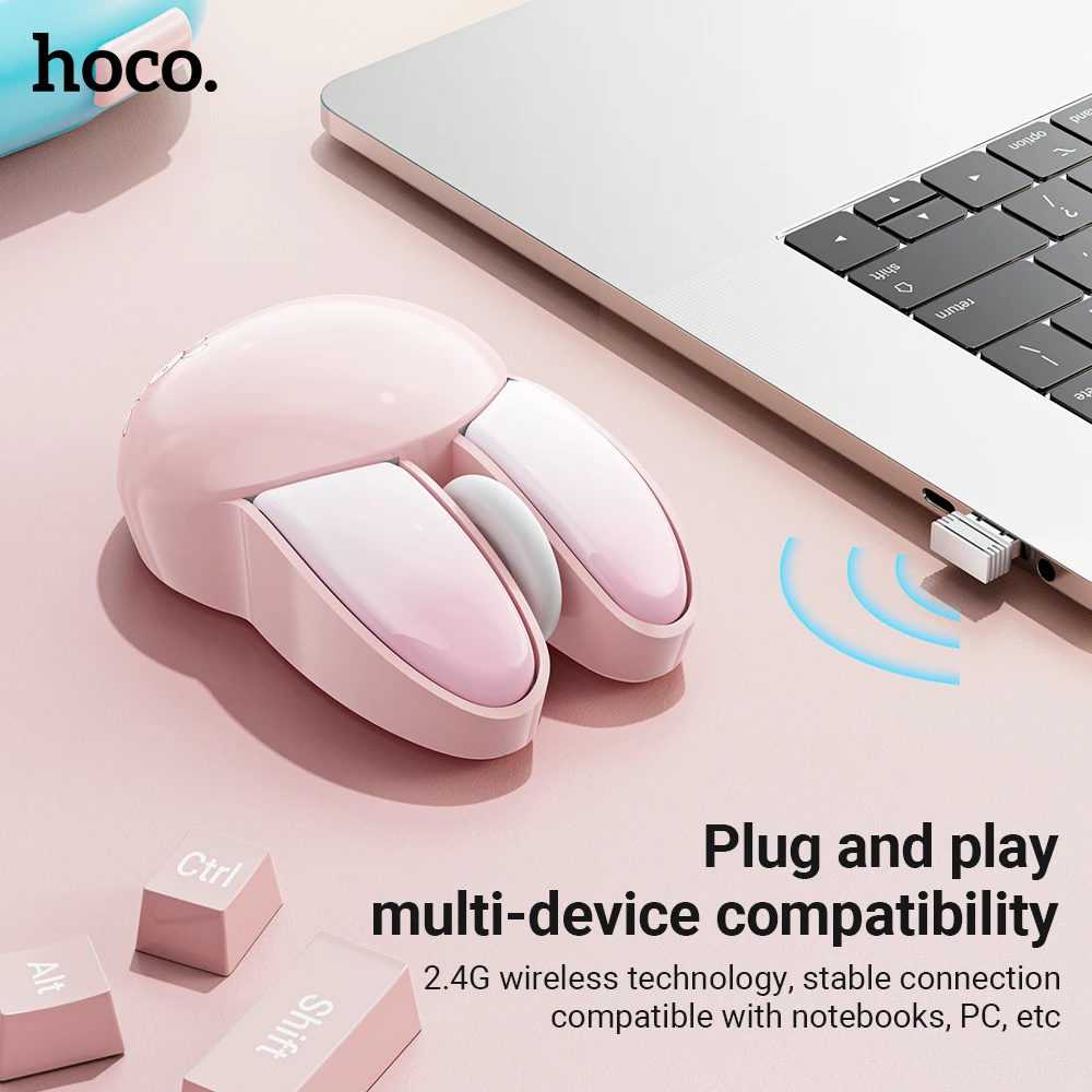 HOCO-ratón inalámbrico de dibujos animados, diseño de conejo lindo, 3D, ergonómico, teclas silenciosas, USB óptico para juegos, portátil, tableta, Windows, PC