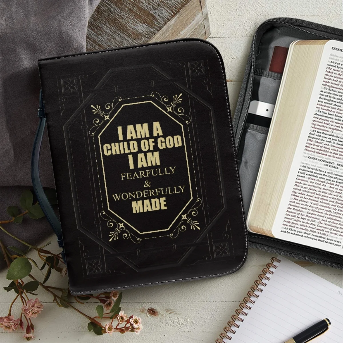 I am a Child of God I am Fearfully Wonderfully Made PU Leather Bible Bag Women Zippered Handbag Study Book Holy Storage Boxes