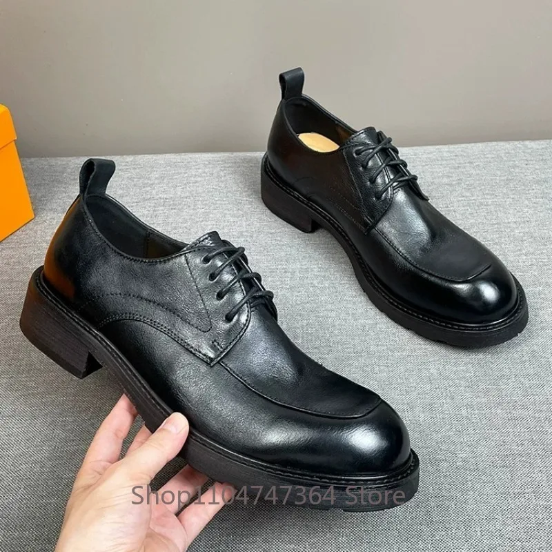Italian Handmade Washed Pleated Derby Shoes Men's Genuine Leather Thick Sole Casual Business Height Increase Wedding Shoes Male