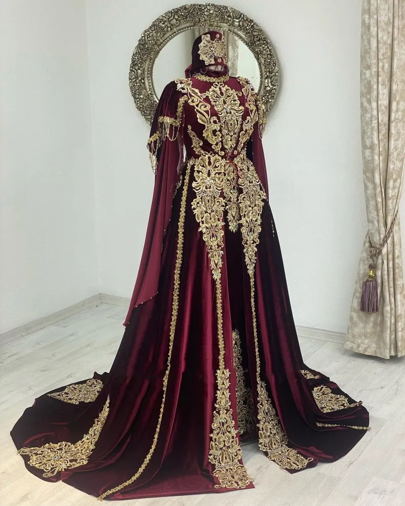 Hunter Green Burgundy Velvet Prom Formal Dress with Cape Jacekt Moroccan Caftan Gold Lace Beaded Kaftan Arabic Evening Gown