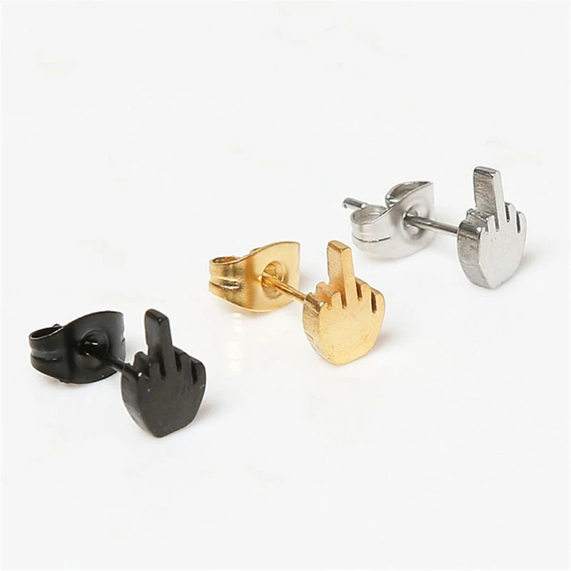 1 Pair Three Color Fashion Rock Middle Finger Shape Men And Female Fashion Earrings Stainless Steel Jewelry Stud Earring