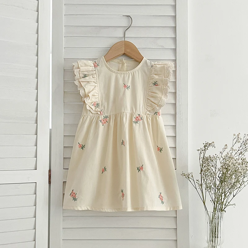 Vestido de princesa bordado manga voadora para meninas, Romper do bebê, roupa combinando família, roupa irmã, verão