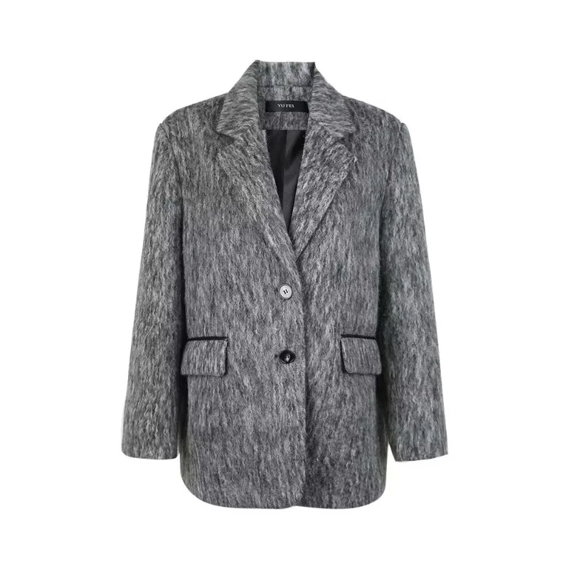 Woolen Suit Jacket Autumn Winter Women High-end Fashion Design Mid-length Gray Woolen Coat Korean Style Loose Leisure Outwear