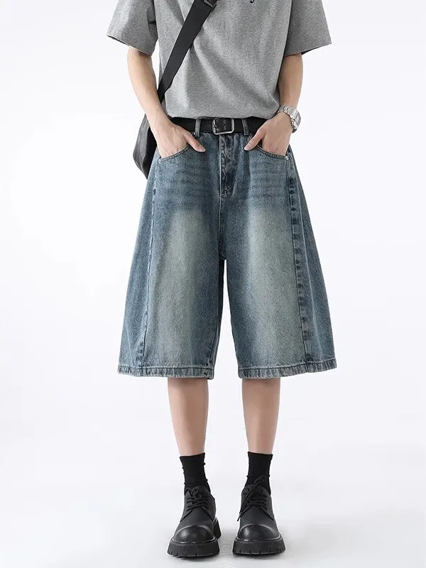 

Мужские джинсовые шорты в американском ретро-стиле, широкие, летние, модные, свободные, повседневные, с эффектом потертости, прямые, длиной до колена