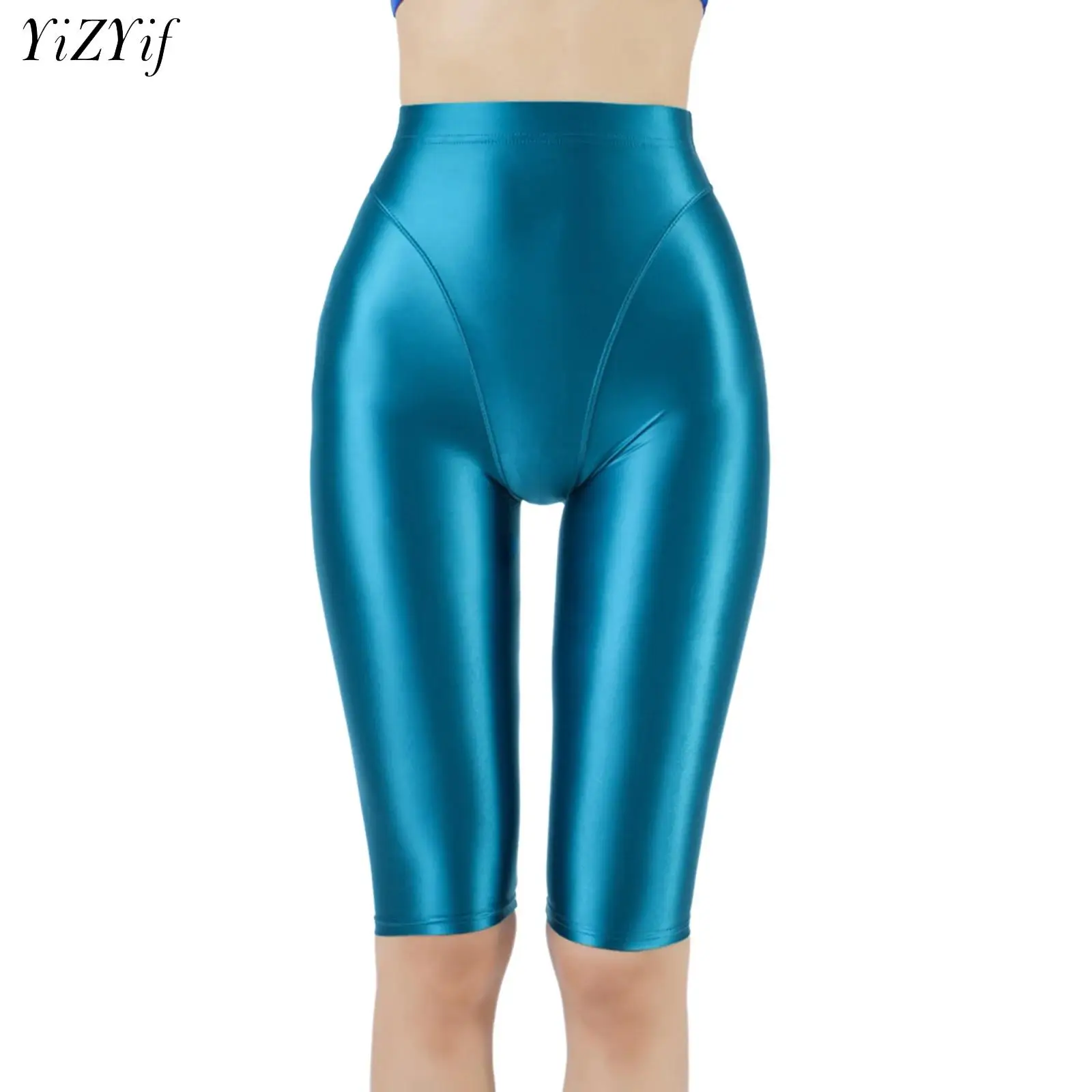 

Womens Satin Glossy Shorts High Waist Yoga Silk Running Fitness Stretch Front Seamless Opaque Biker Tights Skinny Leggings