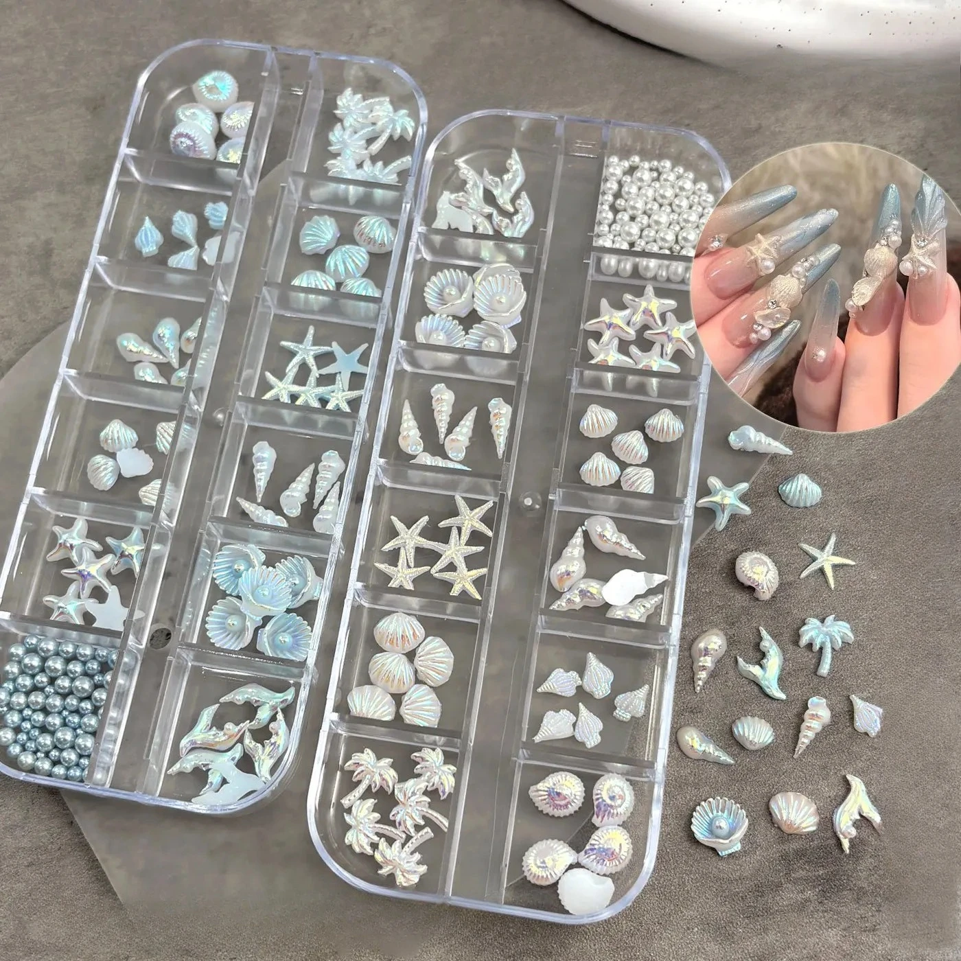 12 Grids Aurora AB White Blue Starfish Shell Conch Coconut Tree Pearl Nail Rhinestones Decorations Manicure Ocean Life Charms