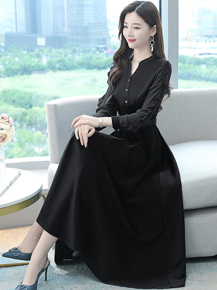 Female Red Acetate Satin Luxury Long Dress Autumn Winter Chic Ruffled Long Sleeve Dress 2024 Korean Elegant Bodycon Party Dress