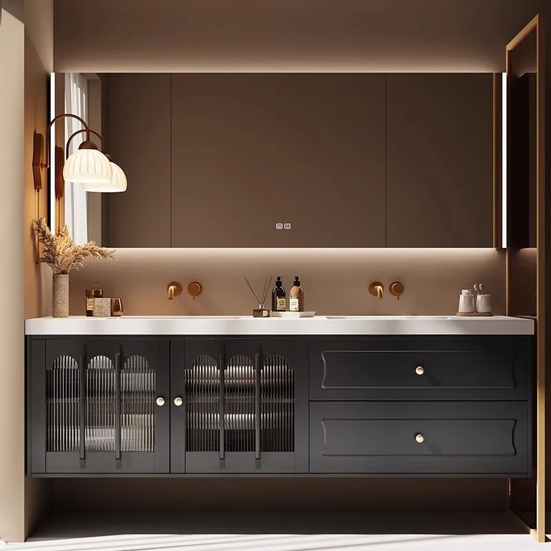 Factory Direct 2026 French retro rock slab seamless double basin bathroom cabinet combination sink washbasin cabinet oak bathroo