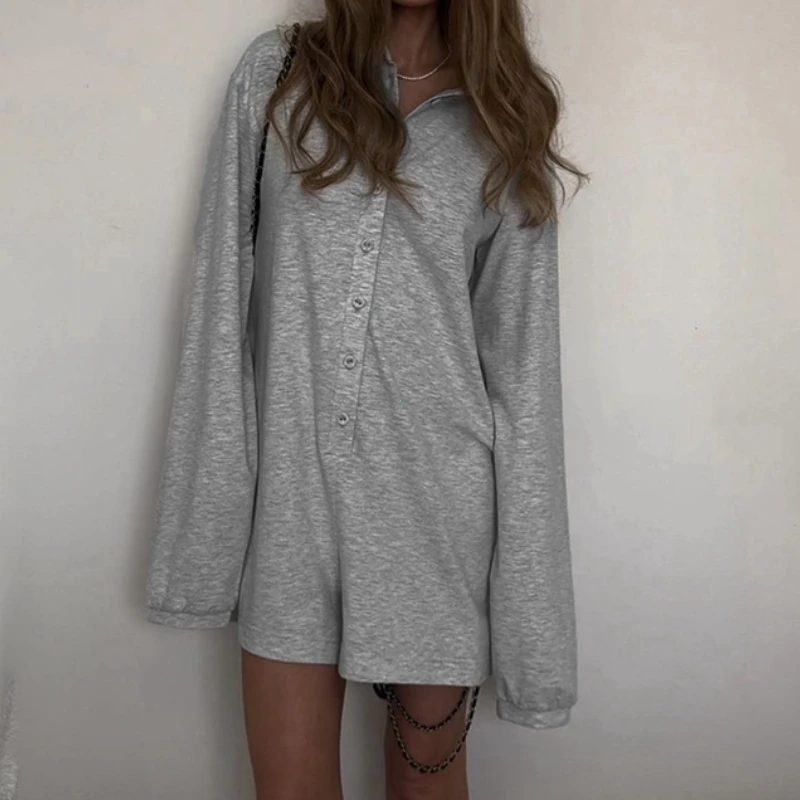 

Nice Streetwear Grey Loose Rompers Fashion Button Up Full Sleeve Women Playsuits Y2k Aesthetic Ladies Solid Outfits Harajuku