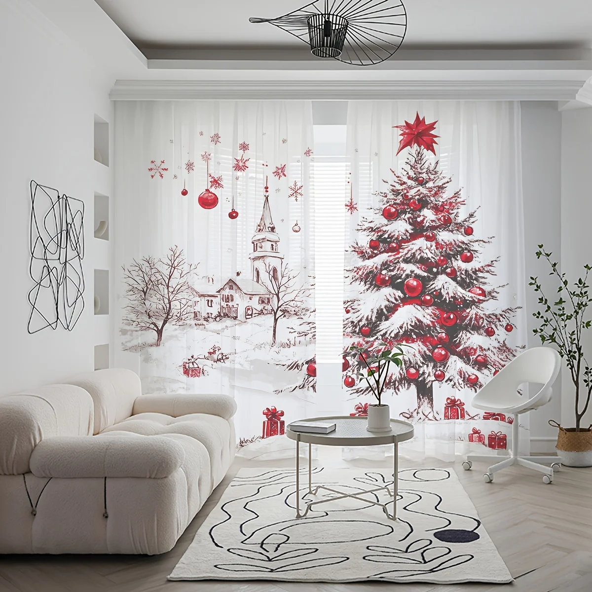 2PCS Christmas Winter Sheer Curtains, Snow Village Tree Gift Box, Digital Print, Bedroom Living Room, Rod Pocket, Home Decor
