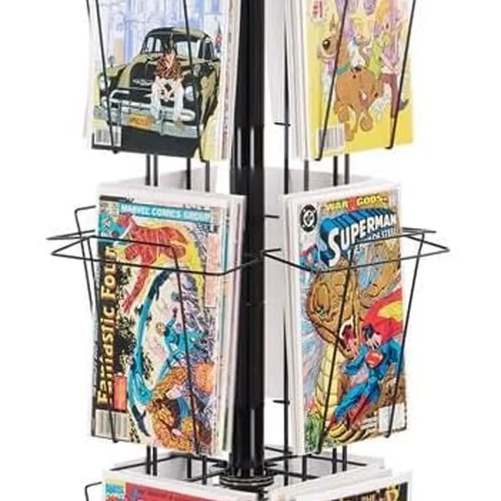 

16-Pocket Metal Wire Magazine Rack with Rotating Feature and Sign Holder, Black