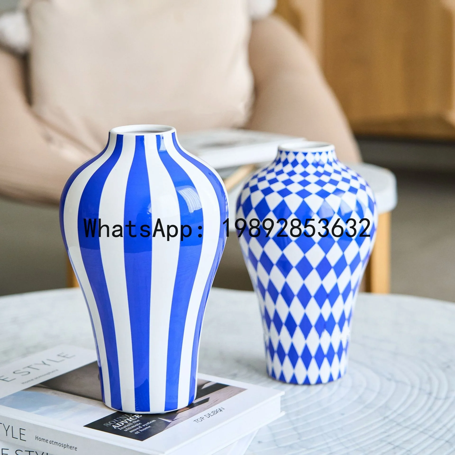 Ceramic Vase Blue Geometric Quilted Pattern Polka Dots Flower Arrangement Accessories Ceramic Crafts Home Decoration