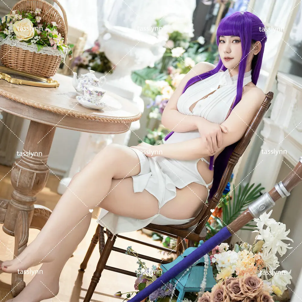 Samambaia branco sexy malha vestido elástico das mulheres, trajes de Cosplay Anime, trajes de Halloween, Frieren no funeral