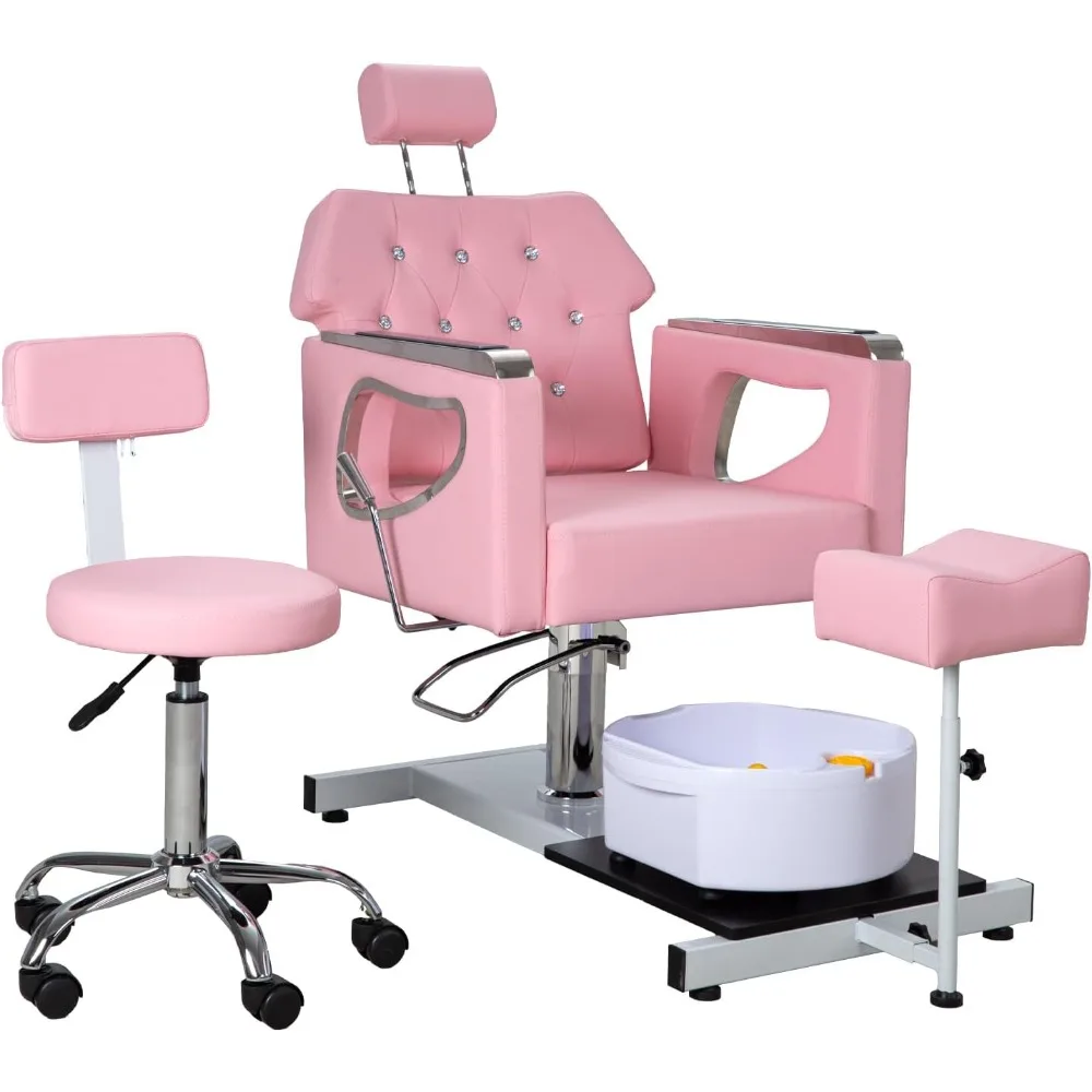 Pedicure Chair with Foot Spa & Stool, Nail Tech Pedicure Station Set with Adjustable Pedicure Stand, Bubble Massage Basin, Nail