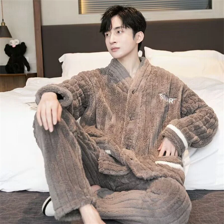 2024 New Men Winter Warm Flannel Pajamas Set V-neck Fluffy Coat + Long Pants Male Sleepwear for Sleeping 2 Pieces Housewear 3XL