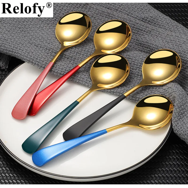 304 Stainless Steel Round Head Serving Spoon, Dessert Spoon, Coffee Tablespoon, Honey Specialty Spoons, Kitchen Gadget, 5/6/7PCS