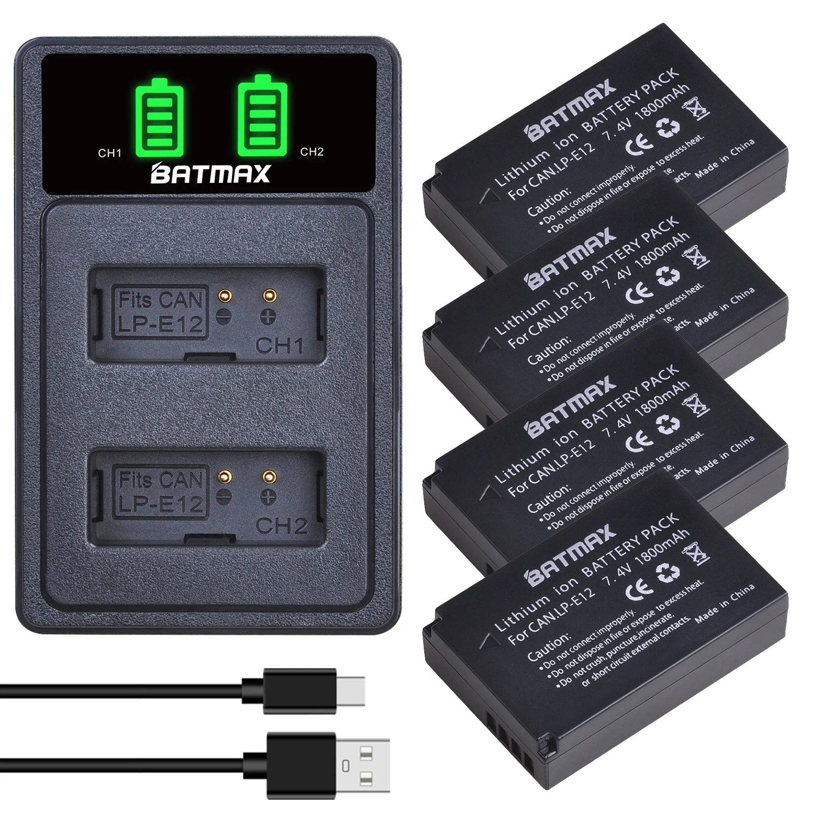 Batmax LP-E12 Bateria LPE12 Battery+New LED USB Dual Charger with Type C Port for Canon EOS M50, EOS M100,100D Kiss X7 Rebel SL1