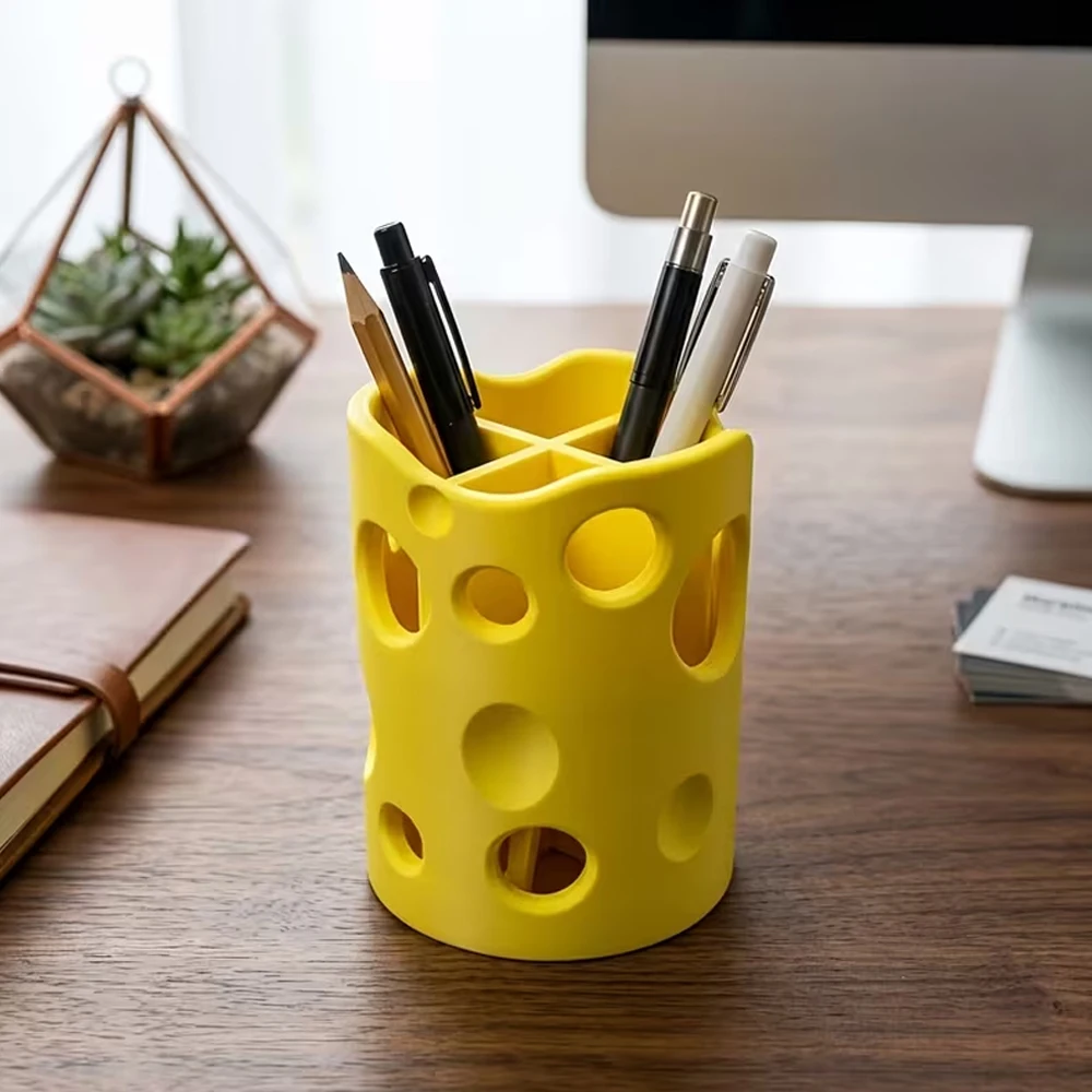 3D printed creative cheese desk organizer, stylish pen holder, multi-hole storage rack, bright yellow fun desktop decoration, back-to-school stationery gift for students, office stress-relief art ornament, art student brush organizer, unique cross-section design, creative birthday gift for classmates and friends, dormitory atmosphere decoration, desktop stationery organizer