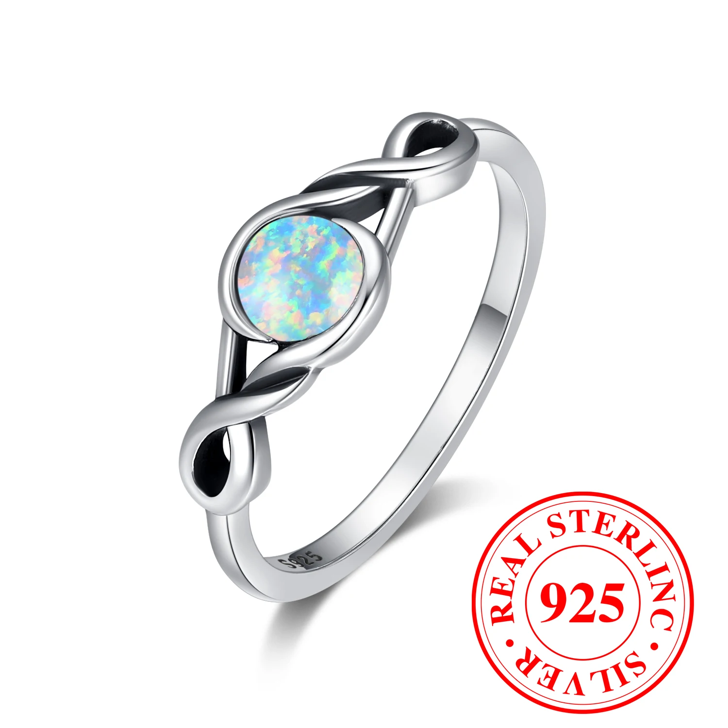 Femminile carino naturale bianco fuoco opale pietra rotonda infinito anello Vintage reale 925 gioielli da sposa in argento Sterling per le donne