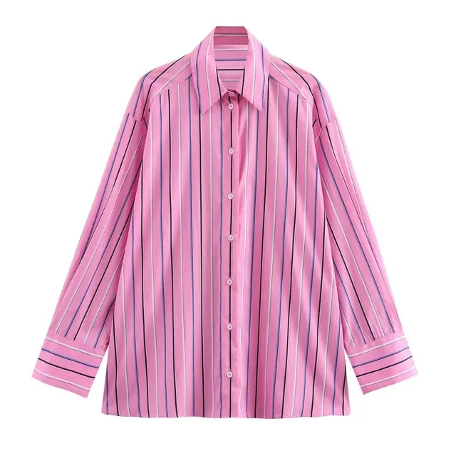 

BabYoung Women Chic Pink Striped Turn-Down Collar Shirts Casual Woman New Summer Single Breasted Loose Blouses Streetwear