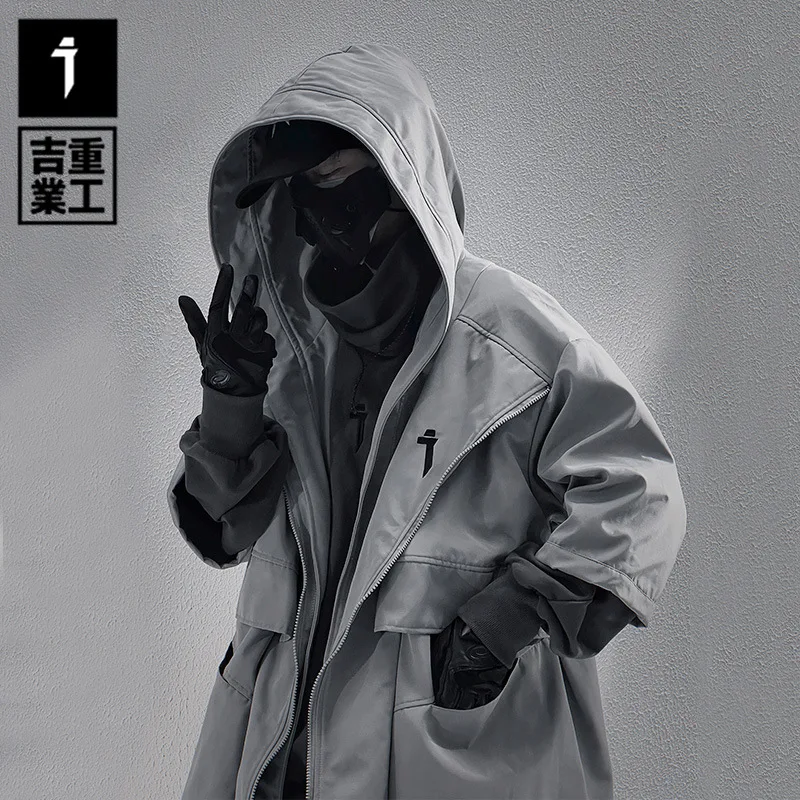 Men's Long Trench Coat 2026 Spring Autumn New Streetwear Coat Preppy Style 3/4 Sleeve Loose Casual Hooded Mid Length Jacket