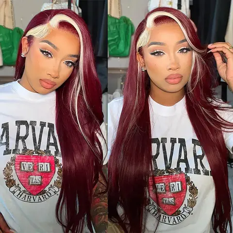 Peluca con malla frontal roja 13x4, raya roja y rubia, larga, recta, suave y sedosa para mujer, gorro de peluca, pelucas de pelo sin pegamento de fibra sintética