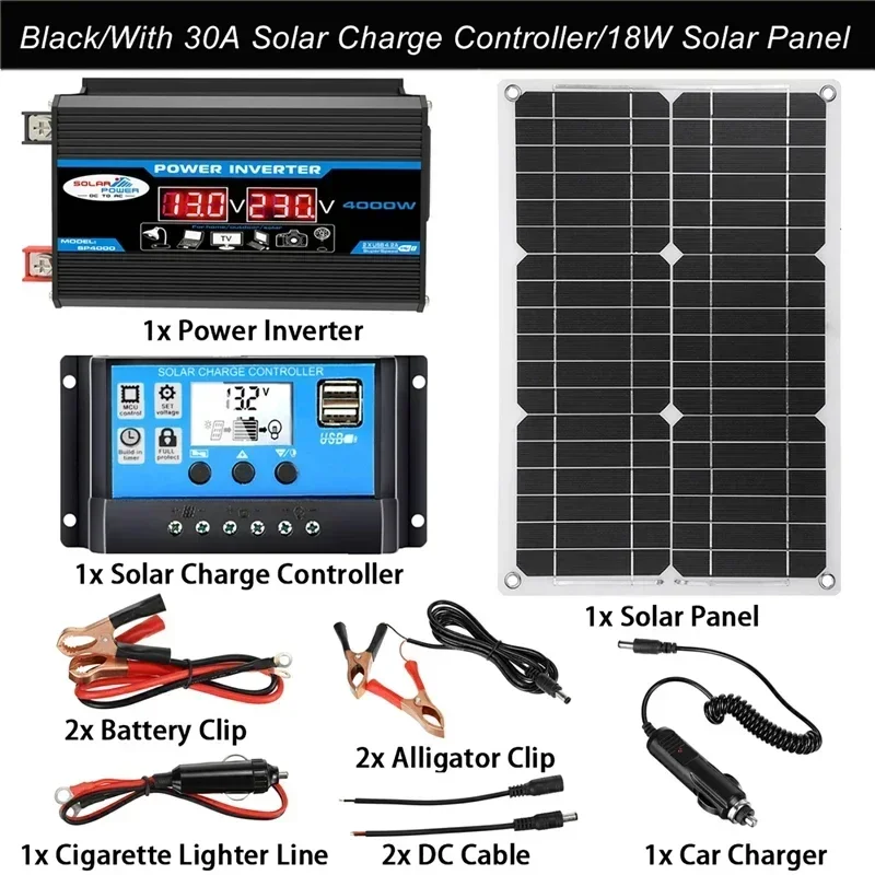 18V18W 110V/220V Solar Panel System Solar Panel 30A Charge Controller 4000W Car Solar Inverter Kit Complete Power Genera