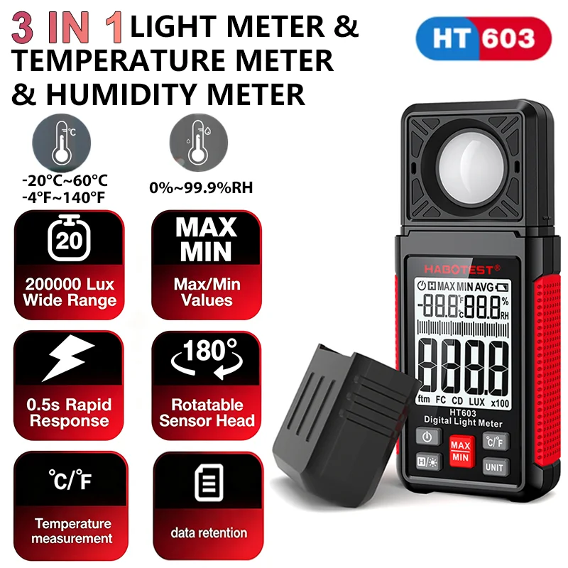 HT603 Digital Light Meter 200000 Lux Illuminance Meter Max/Min Hold with Rotating Sensor Humidity & Temperature Meter Lux Meter