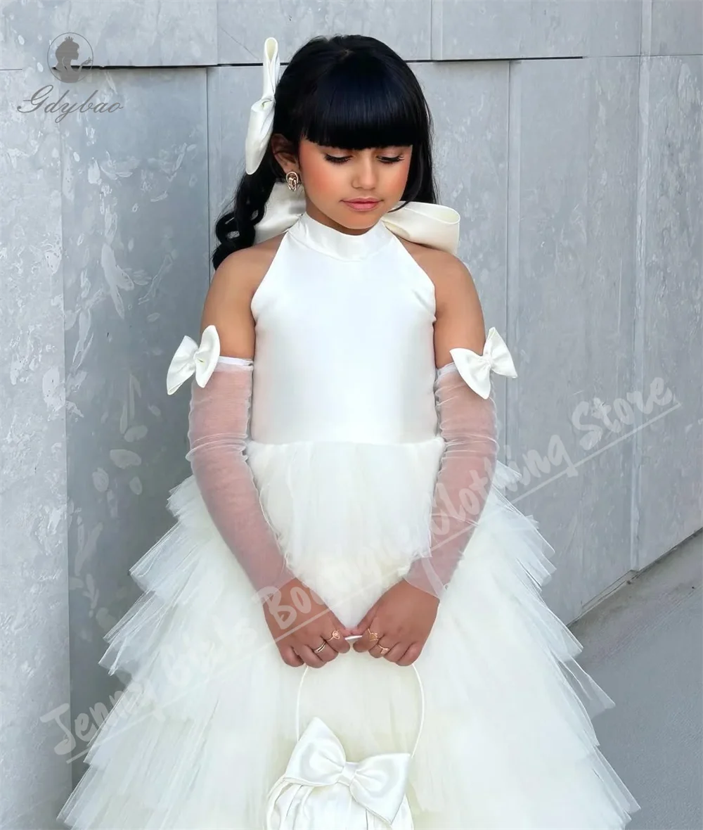 

White Halter A Line Wedding Elegance Flower Girl Dress Tiered Kid First Communion Dress Bow Prom Customized
