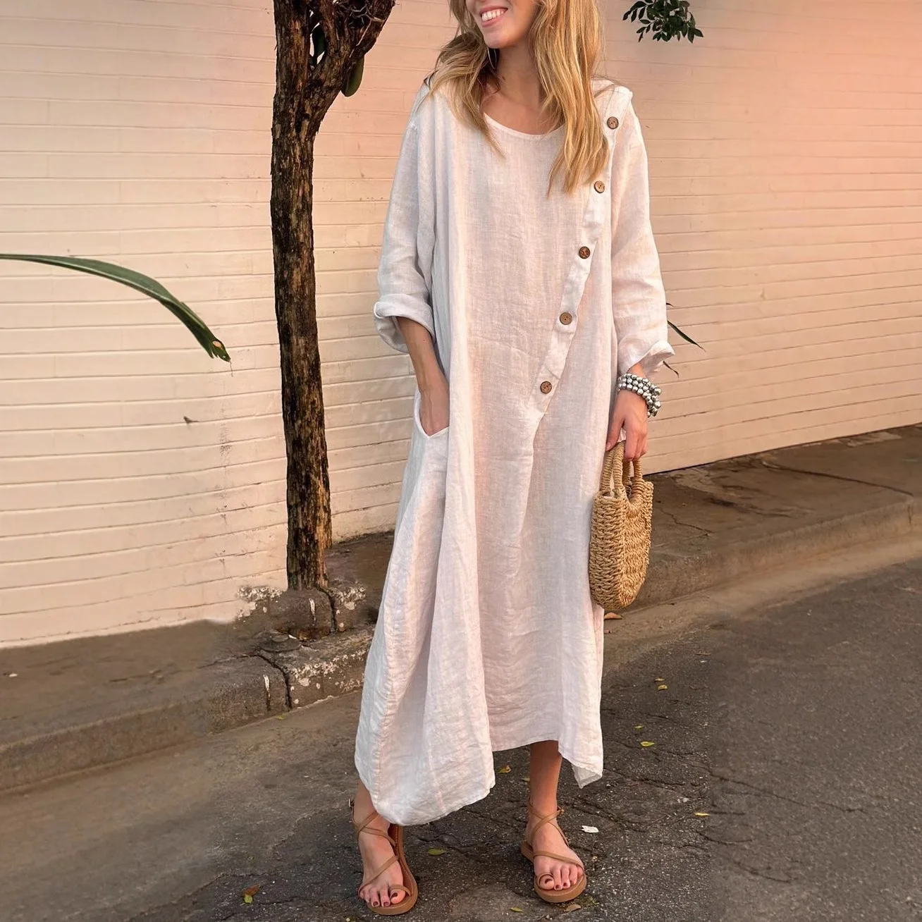 

New Women's Clothing 2026 Summer Loose Casual Solid Color Short Sleeved Cotton Linen Fashionable Button With Pocket Dress