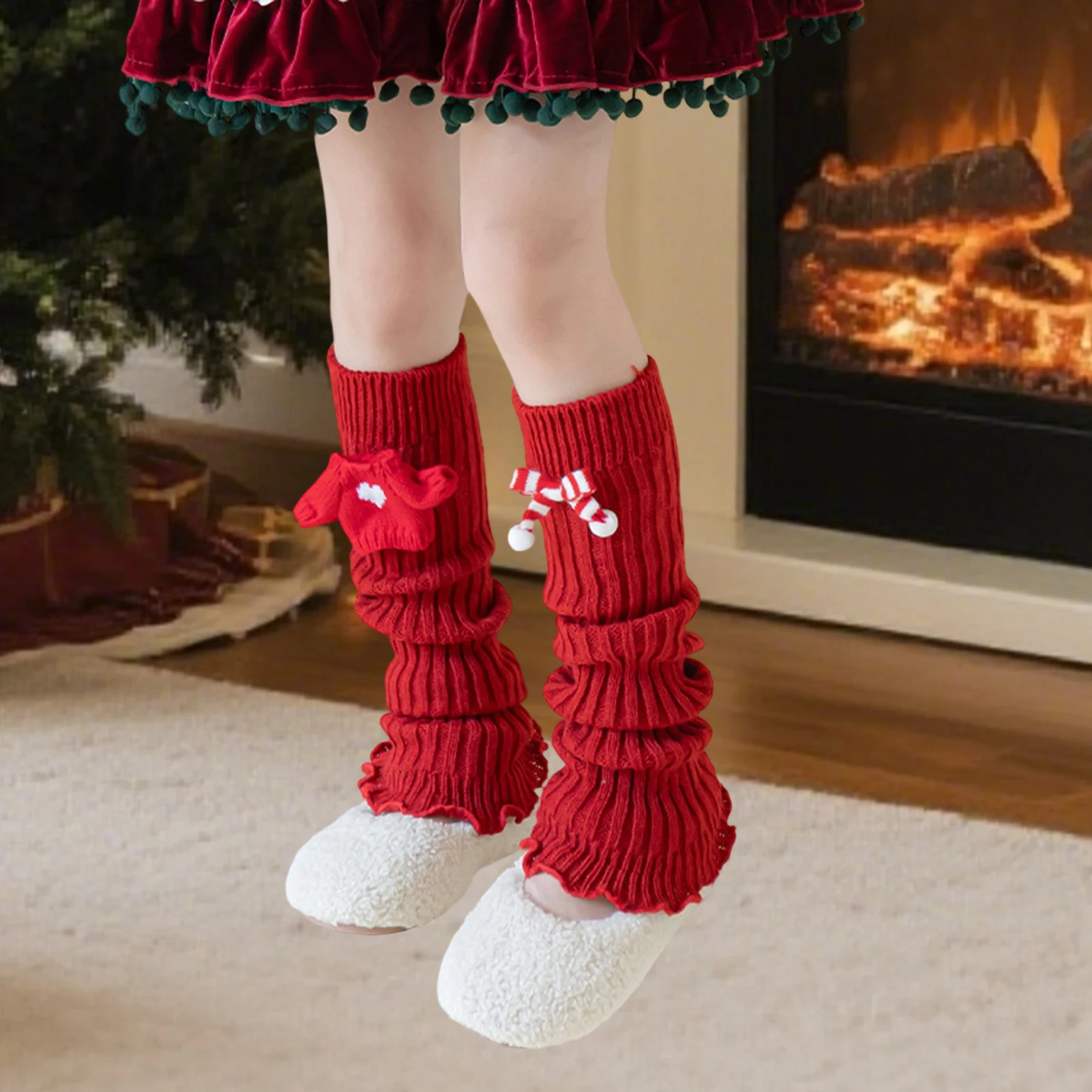 Girl Leg Warmers with Plaid Bow and Santa Hat Doll Embellishments Kawaii Knit Ribbed Knee Socks