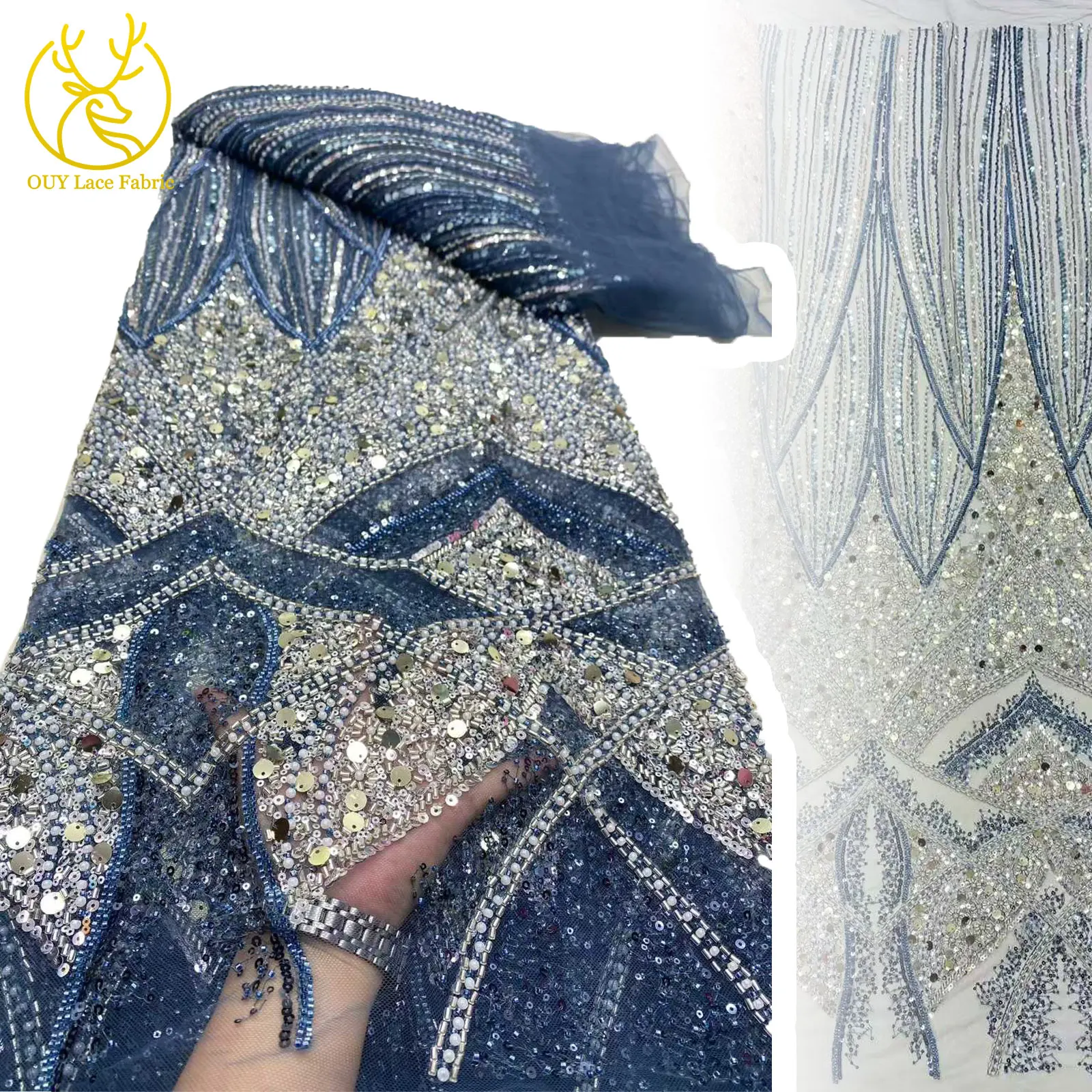

2025 Latest French Beaded Tulle Lace Fabric High Quality Nigerian African Tulle Lace Fabrics With Sequins For Evening Dresses