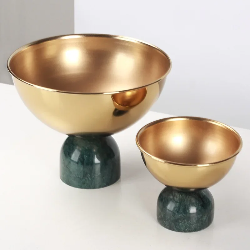 Marble Tray Metal Tall Fruit Plate Desktop Storage Container Snack Plate Golden Tray Metal Figurine Home Decoration Accessories